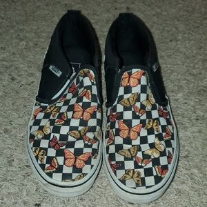Vans Kids Slip-On Sneakers - Black and White with Colorful Butterflies